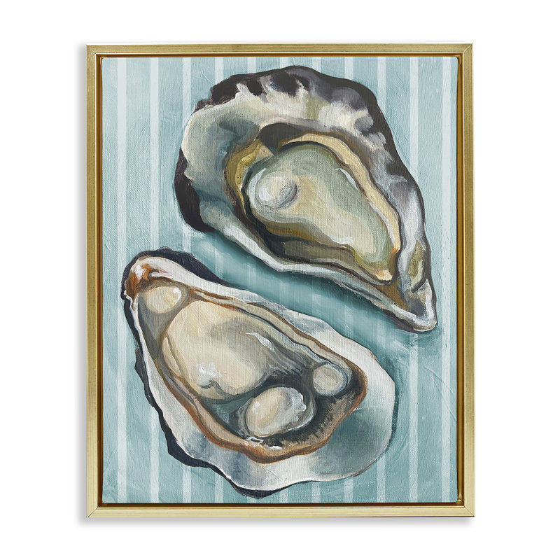  «Oysters on Blue Stripes» par Daphne Polselli, Cadre flottant métallique doré, H 21 po x l 17 po