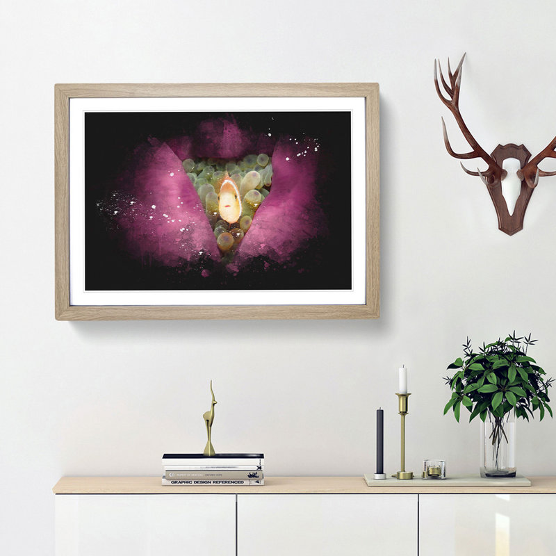 Clownfish & Sea Anemone Paint Splash - Picture Frame Graphic Art, 45cm H x 63cm W x 2cm D, Oak Framed