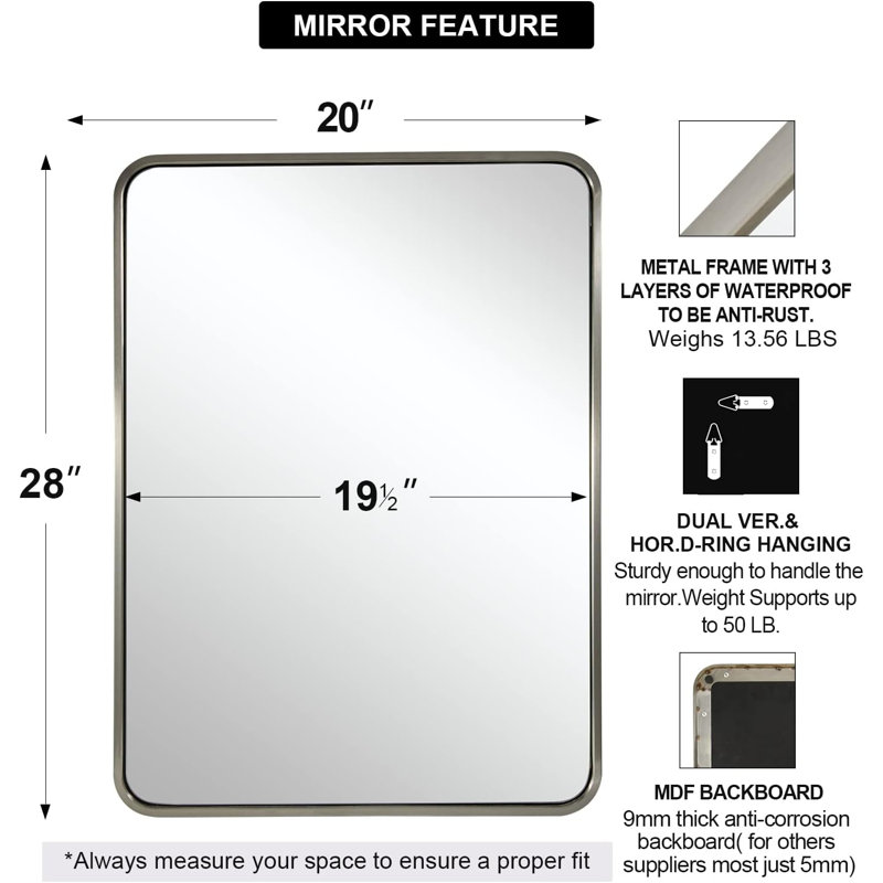 Miroir de salle de bain rectangulaire contemporain | Cadre épais en acier inoxydable, Nickel brossé, 28 po x 20 po