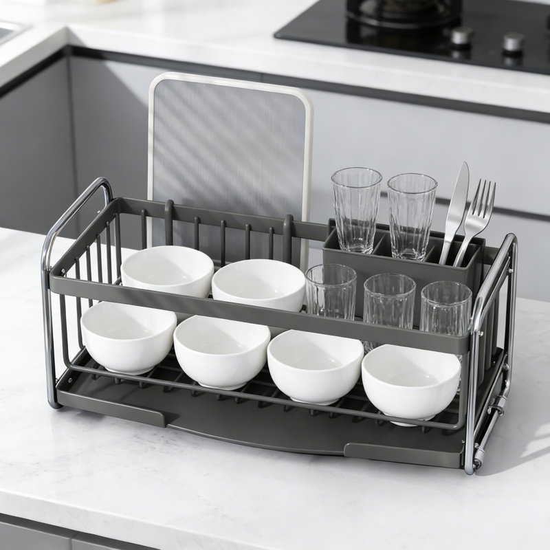 Égouttoir à vaisselle compact pour évier de cuisine ou comptoir, égouttoir à vaisselle multifonctionnel en métal avec porte-assiettes, tasses et ustensiles pour le séchage et le rangement organisés