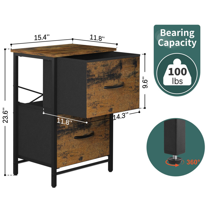 Ensemble de 2 tables de chevet en tissu, Brun rustique