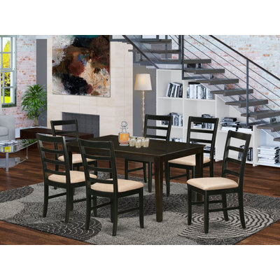 7 Piece Dining Table Set Consist of a Rectangle Dining Room Table and 6 Linen Fabric Upholstered Chairs, 36x60 Inch, Cappuccino