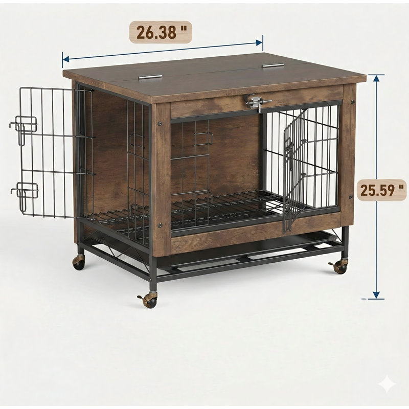 Petite cage d'intÃ©rieur sur roulettes pour petits chiens, cage en bois robuste Ã  deux portes, pouvant servir de table d'appoint ou de table d'angle, conception anti-mordillage, finition brun rustique