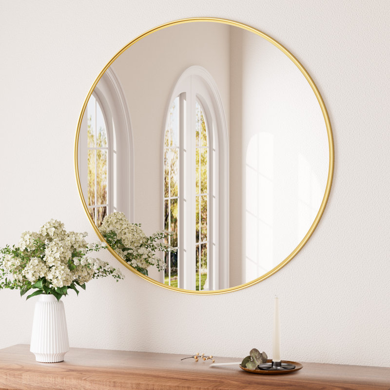 Miroir mural rond en verre trempé Evangerista, 30 po x 30 po, Or brossé