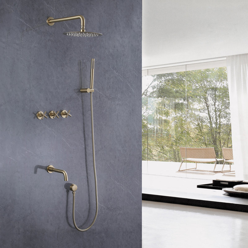 10" Round Shower System Set with Tub Spout, Wall Mount 3 Function Rain Shower Faucet Set with Rough-in Valve, Brushed Gold