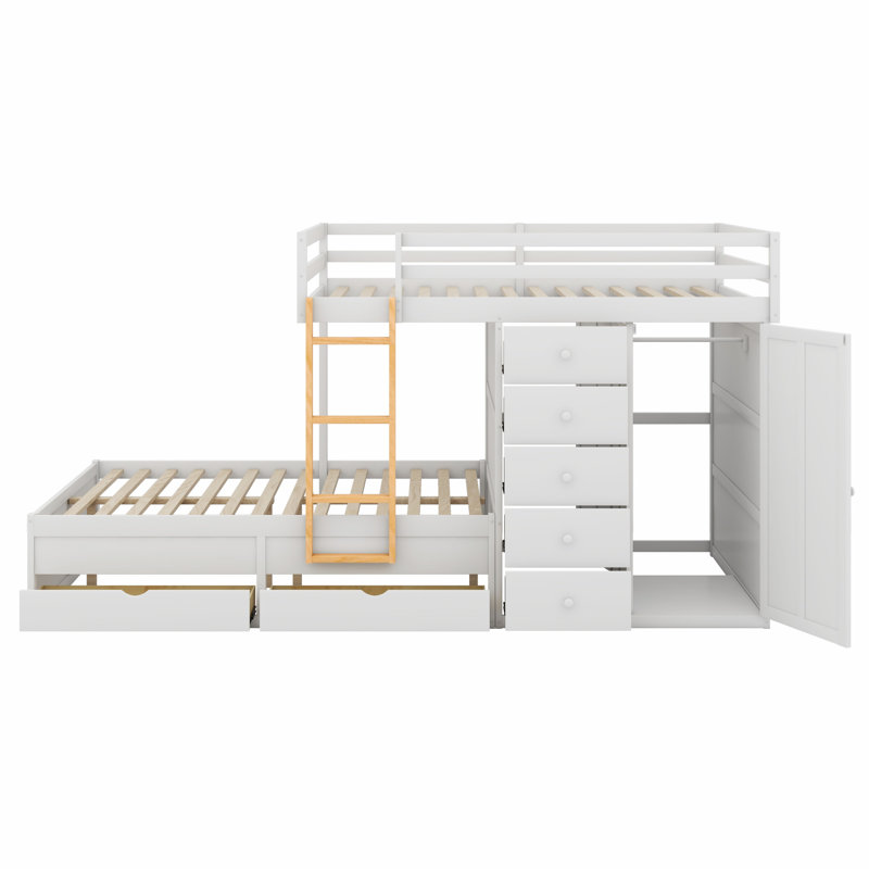 Lit superposé avec 2 grands tiroirs, 5 petits tiroirs et une petite armoire intégrée, Blanc