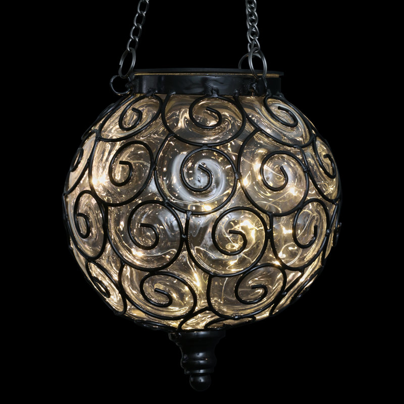 Clear Glass and Black Metal Solar Hanging Lantern with LED Lights