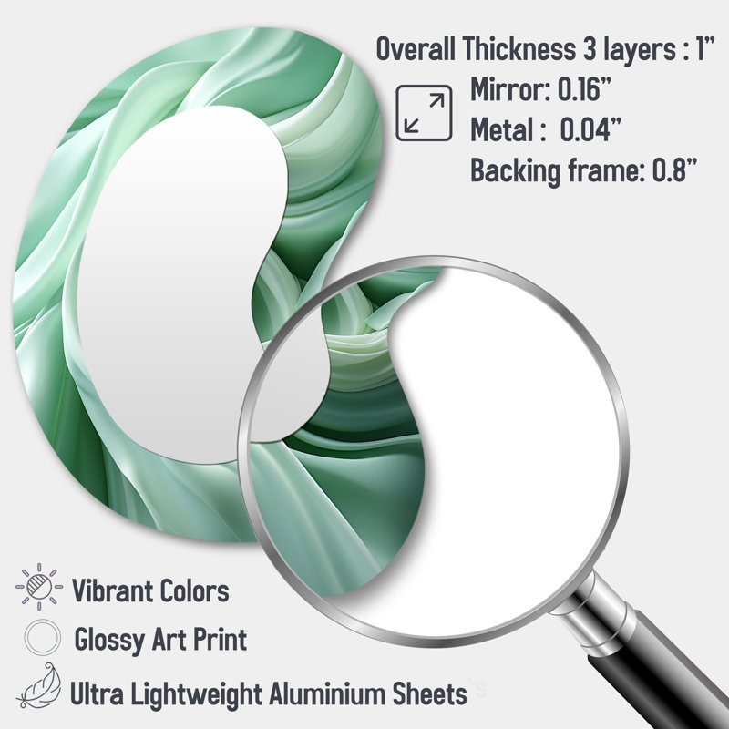 Green Soft Fractal Spirals II - Abstract Spirals 3D Shapes Irregular Modern Large Wall Mirror, 31" x 22"