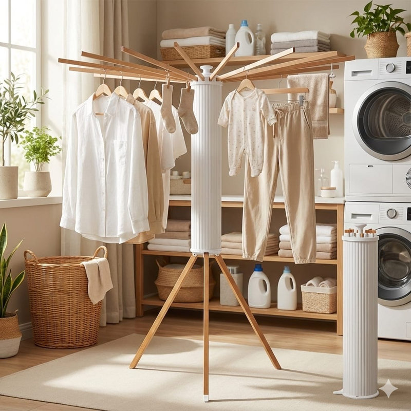 Séchoir à linge pliable sur trépied, Bois