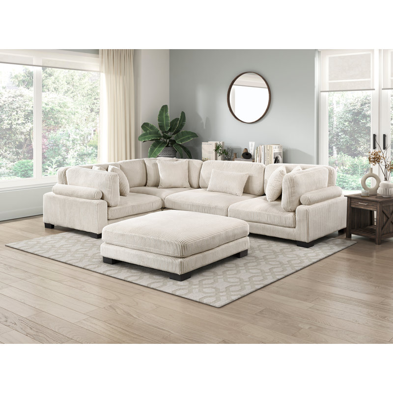 Canapé modulaire 5 pièces avec repose-pieds Koah, Beige Corduroy