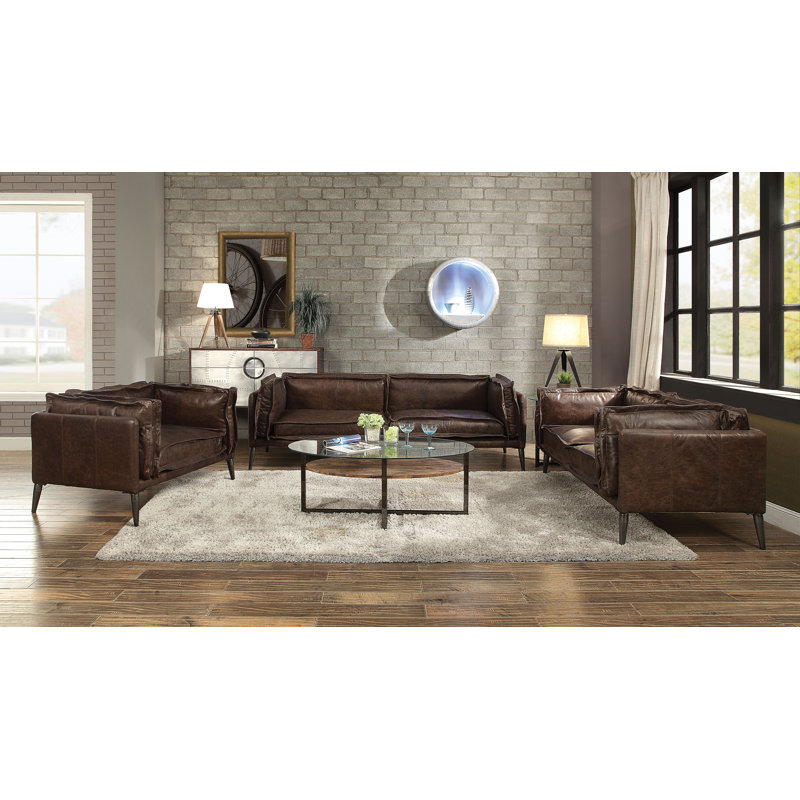 Distressed Chocolate Leather Loveseat with Down Fill Cushions