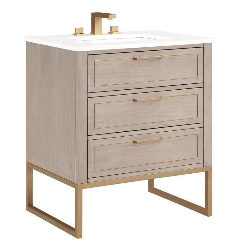 Markham 30'' W Single Vanity, Cashmere Gray, Satin Brass, Universal Calacatta Quartz