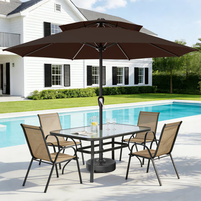 12FT 2-Tier Patio Umbrella, UPF 50+ UV Protection, Crank Handle, 8 Ribs, Outdoor Market Umbrella for Garden, Pool, Backyard, Brown