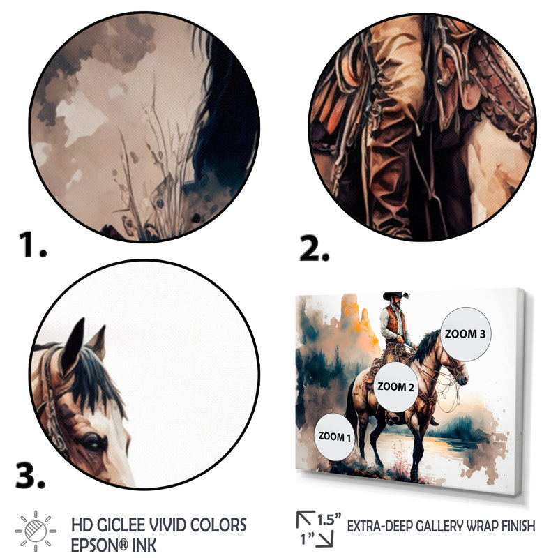 Western Cowboy Riding a Horse I - peinture sur toile, H 16 po x l 32 po x P 1 po, Toile tendue