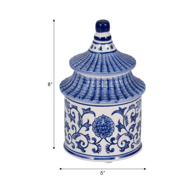 Goldene Ceramic Candle Jar Stoneware Pagoda-Inspired Design 8" Blue and White Home Decor
