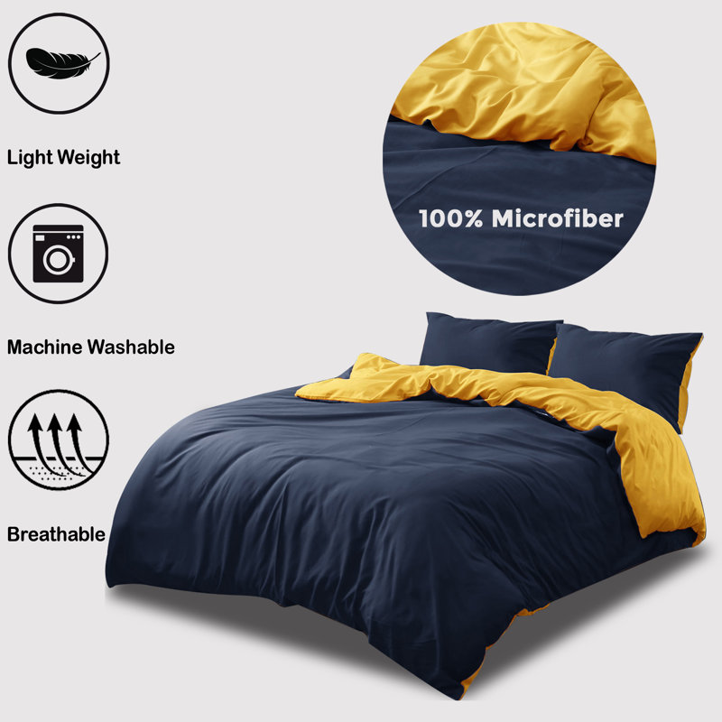 Jersen Microfiber Solid Colour Duvet Cover Set with Pillowcases Included, Single, Navy/Ochre