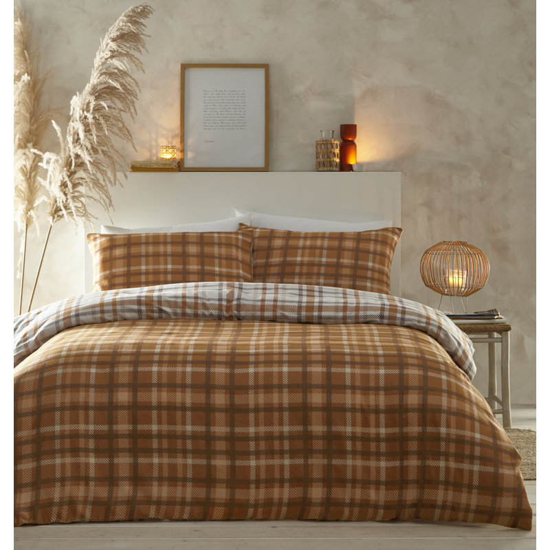 Raffael Flannel Chequered Duvet Cover Set with Pillowcases Included, Orange, Double - 2 Standard Pillowcases