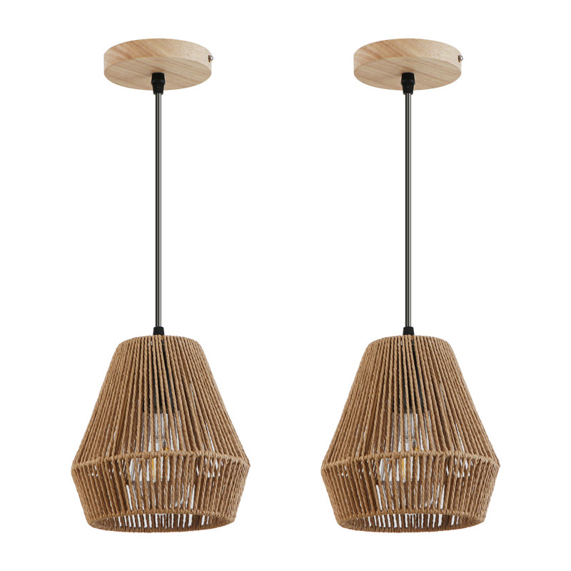 7.09 in. 2 Pack Boho Mini Rattan Pendant Light, Natural/Wood