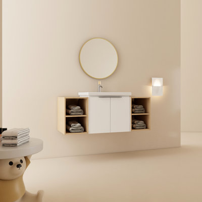 Meuble-lavabo 48 po avec lavabo en céramique, fixation murale, portes à fermeture douce, 2 petites tablettes de rangement, lavabo de style agréable, étonnant