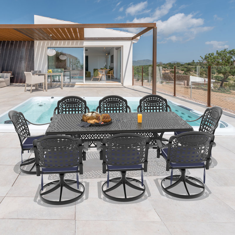 9-Piece Rectangle Cast Aluminum Outdoor Patio Dining Set with Swivel Chairs & Cushions & Umbrella Hole