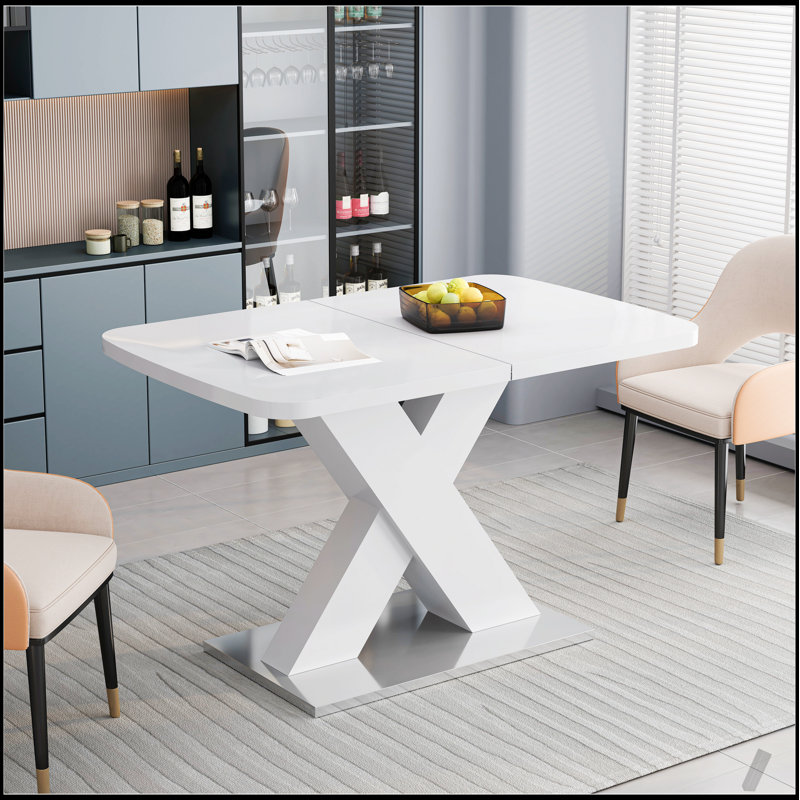 Table de salle à manger moderne carrée avec plateau blanc extensible et pieds en MDF durables en X, parfait pour une salle à manger polyvalente
