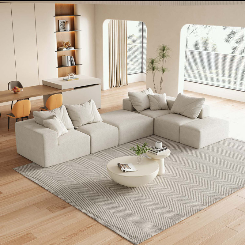 Canapé modulaire en forme de L Boneless avec 6 coussins, Chenille beige
