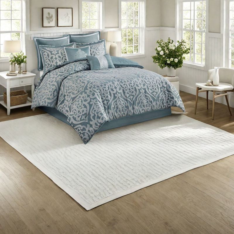 Luxurious Jacquard Bedding Sets, Polyester Aqua Silver, Year-round Elegance