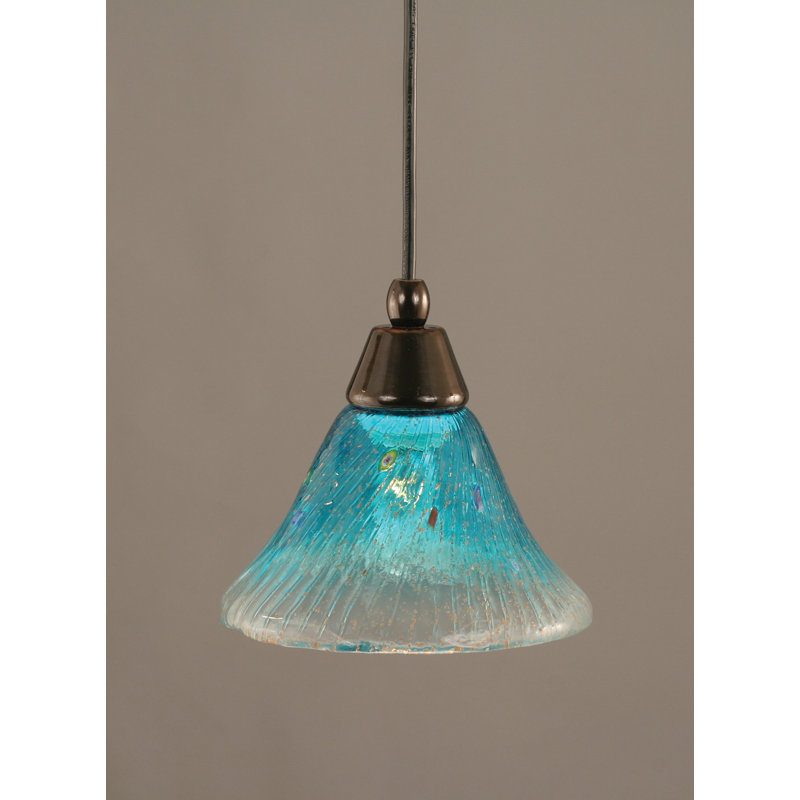 Cord Hung Mini Pendant Shown In Black Copper Finish With 10" Amber Crystal Glass, Dark Granite, 7" W, Teal Crystal Glass