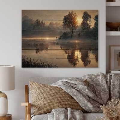 Morning Fog Over The Lake Sunset IV Morning Fog Over The Lake Sunset IV - Unframed Print on Wood