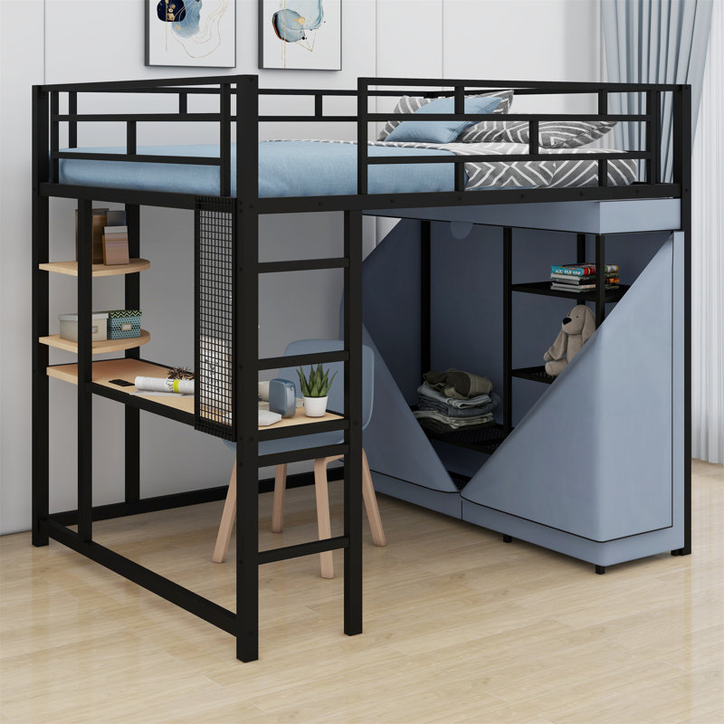 Loft Metal Bed With Desk,Shelves,Power Outlet,LED Light And Wardrobe, Full, Black