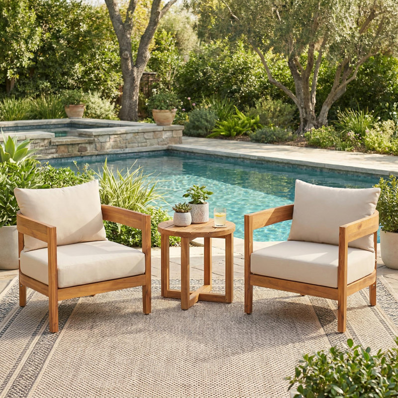 Ensemble de conversation 3 pièces en bois d'acacia avec coussins hydrofuges Lorene