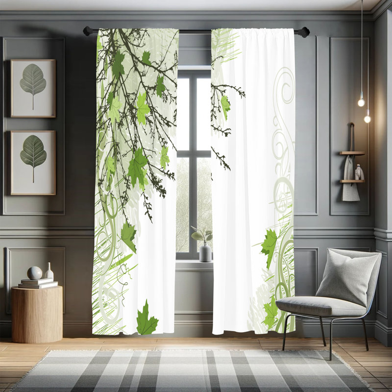 Ebern Designs Nature Curtains, Fall Earth Tones Autumn Leaf, Pair of 28", 28" W x 63" L, Lime Green