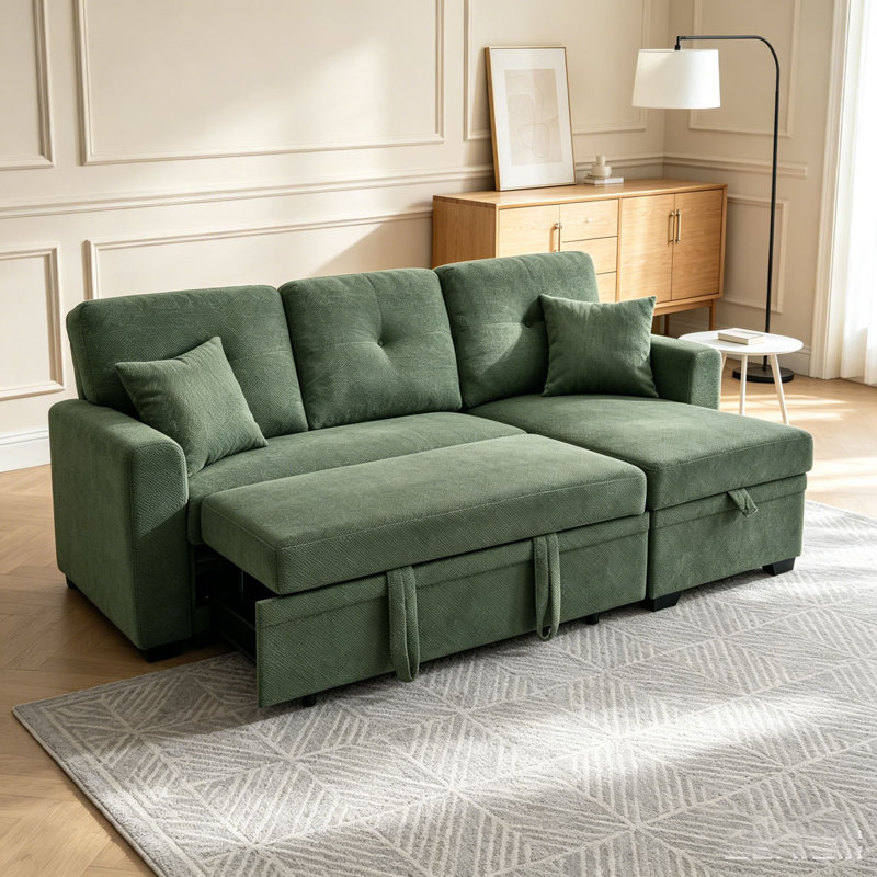 Canapé-lit, canapé modulaire avec lit escamotable, méridienne réversible, canapé modulaire avec rangement, Fabric, Dark Green