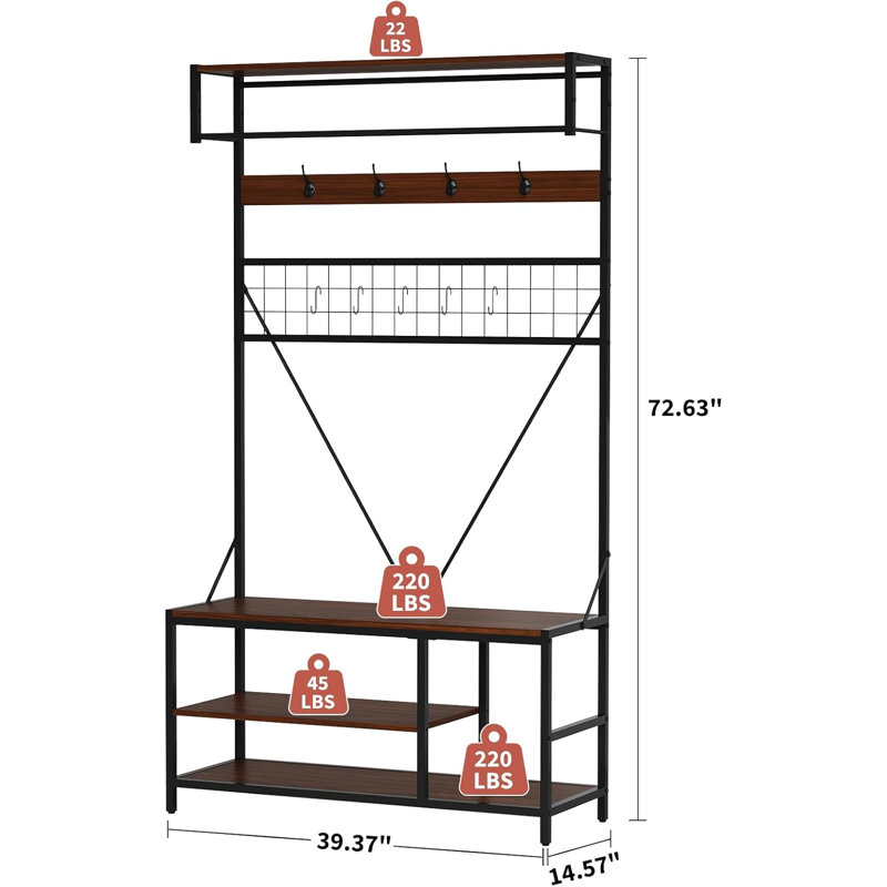Arbre d'entrée 5 en 1 avec banc, portemanteau d'entrée avec tablette réglable, rangement pour chaussures, tringle à vêtements et support de rangement à 9 crochets