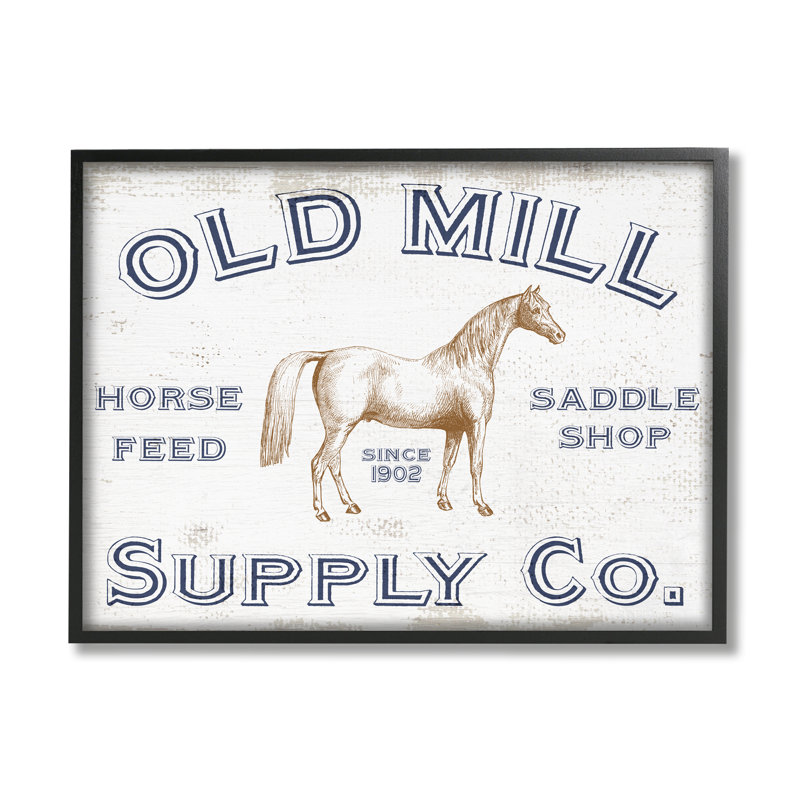 Ancienne publicité d'alimentation du cheval Old Mill, Giclée encadrée noir minuit, H 24 po x l 30 po x P 1,5 po