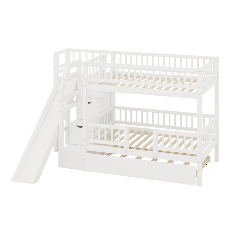 Lit superposé moderne pour enfants, glissière et gigogne d'escalier de rangement pratique, White