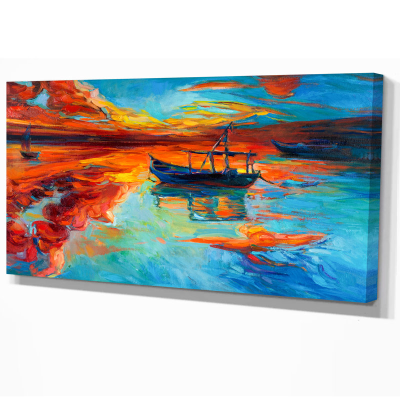 Bateau de pêche au coucher du soleil - reproduction d'art, H 16 po x l 32 po x P 1 po, Toile tendue