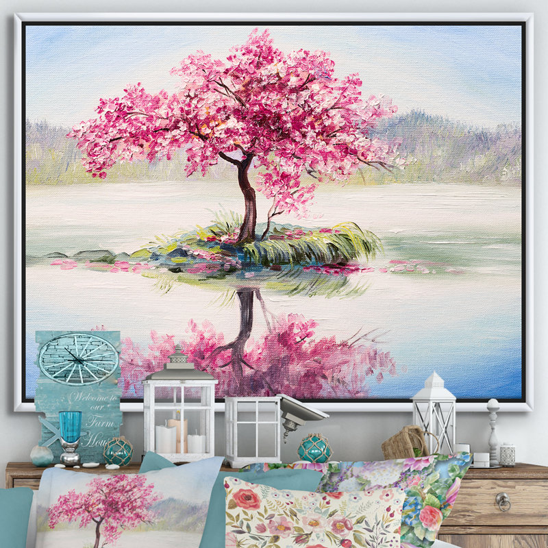 Cerisier japonais sur un petit îlot idyllique - reproduction d'art sur toile, H 12 po x l 20 po x P 1 po