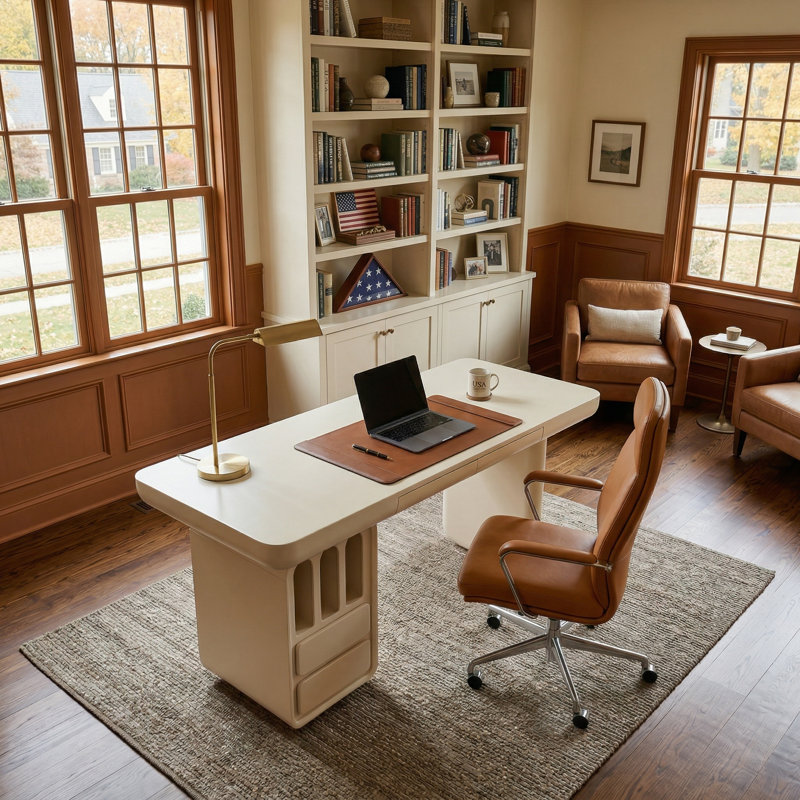 63" Modern Sculptural Executive Desk in Cream, Minimalist Writing Desk with 4 Solid Wood Drawers and Integrated