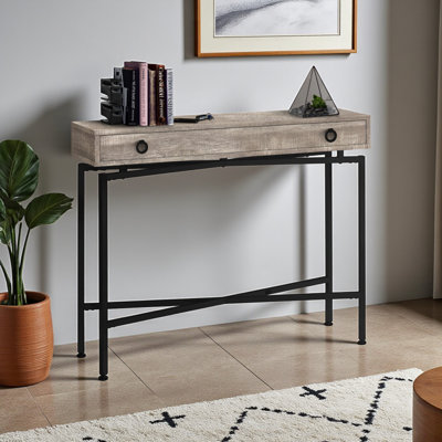 Table d'appoint à 1 tiroir au fini taupe avec pattes en métal noir H 32,25 po x l 42,24 po x P 11,79 po
