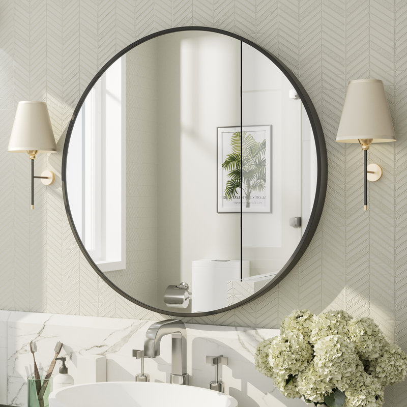 Molly Easy French Cleat Mounting Metal Alloy Wall Round Vanity And Dresser Bathroom Mirror, 24" x 24", Black