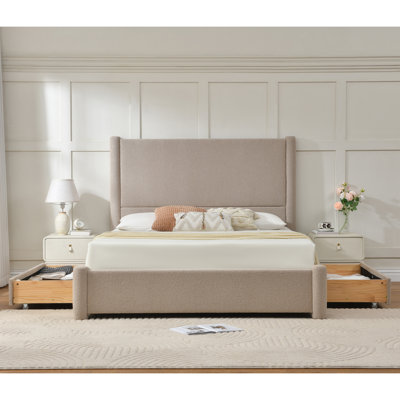 Coletti 51.8" High Headboard Upholstered Platform Bed With 2 Large Wooden Storage Drawers, Beige, King Size