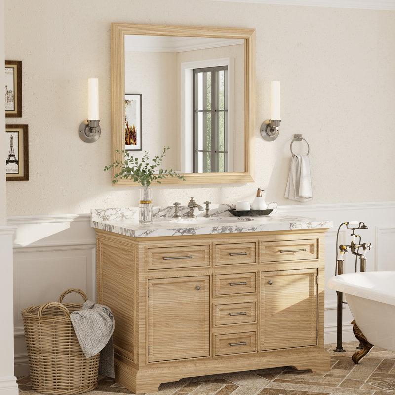 Amara Tempered Glass Mounted Wall Mirror, 36" x 36", Light Yellow Wood