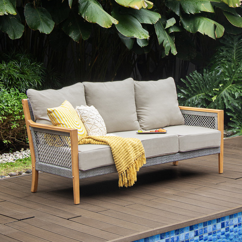 Wallace 76.25'' Wide Rectangle Teak Patio Sofa with Cushions, Beige