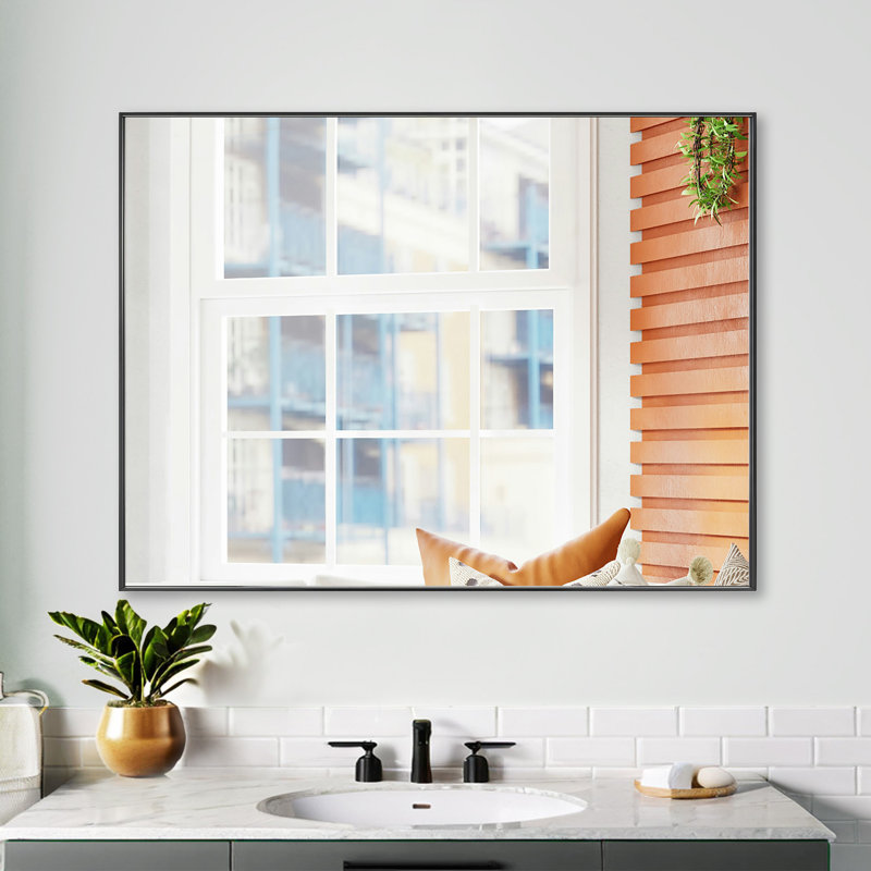 Modern & Contemporary Rectangle Bathroom Vanity Mirror Metal Framed Wall Mirror, Black, 25.7" x 36"