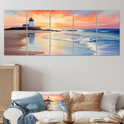 5 pièces d'art mural orange, coucher de soleil sur la côte, plage