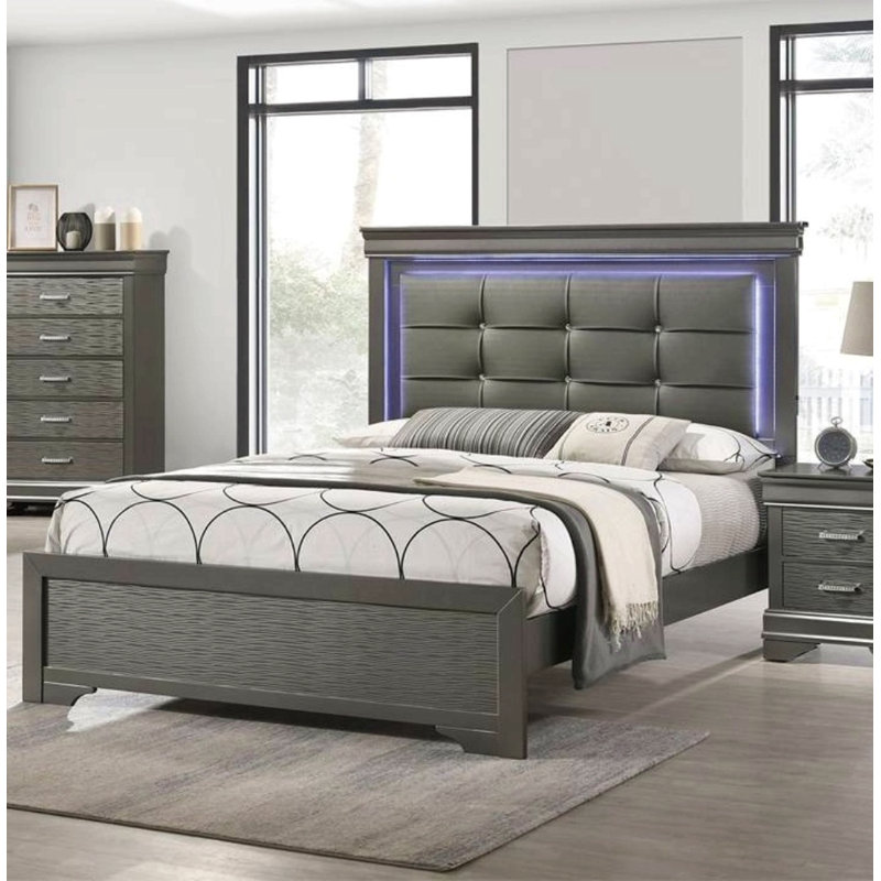 Mobilier de chambre à coucher gris capitonné, Grand lit