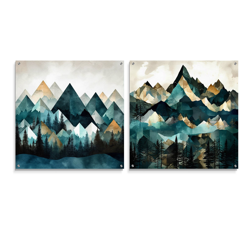 Minimalisme Winter Mountains I - ensemble de 2 verres muraux en acrylique, H 16 po x l 33 po