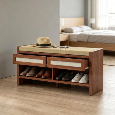 Banc à 2 tiroirs avec assise et tablette rembourrées