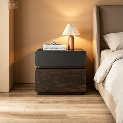 Table de chevet moderne en bois massif de 19,7 pouces avec deux tiroirs, noir mat et couleur noyer texturé.